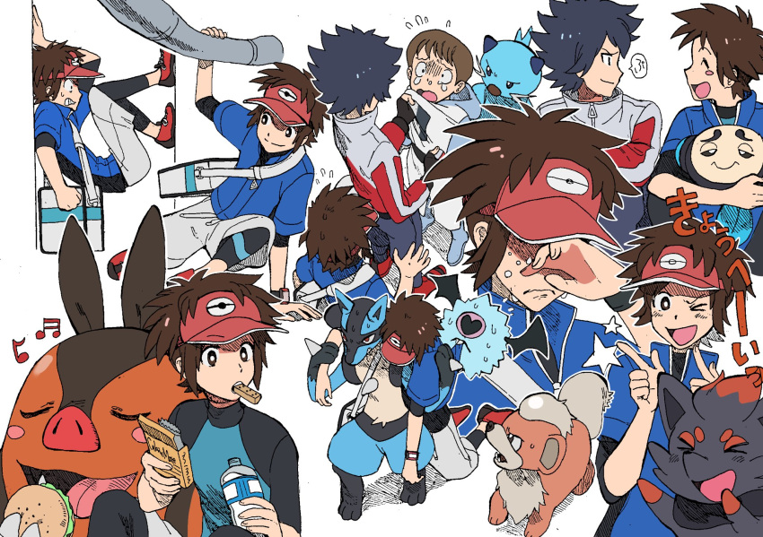 3boys blush_stickers bottle brown_hair burger caloriemate crying dewott flying_sweatdrops food growlithe highres hugh_(pokemon) jacket looking_at_another lucario male_focus multiple_boys multiple_views nashubi_(to_infinity_wow) nate_(pokemon) one_eye_closed pignite pokemon pokemon_(creature) pokemon_(game) pokemon_bw2 star_(symbol) sweat team_plasma team_plasma_grunt team_plasma_uniform tympole visor_cap water_bottle woobat xtransceiver zorua