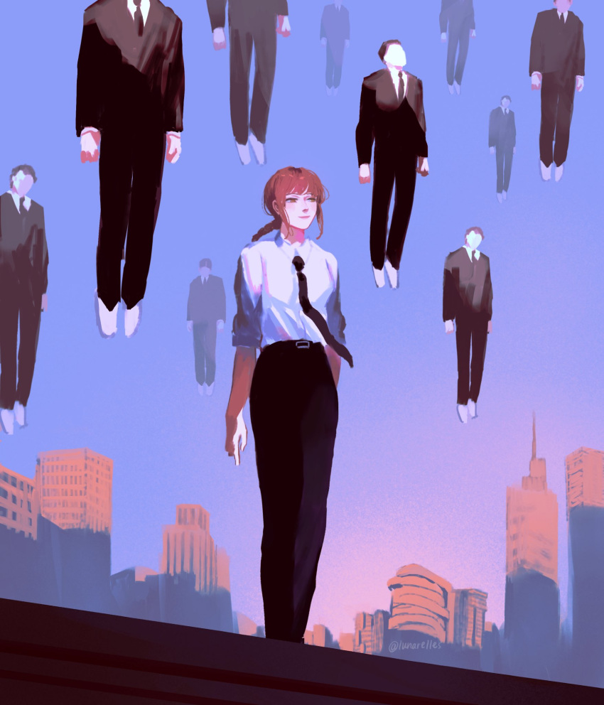 1girl black_jacket black_necktie black_pants blue_background blue_sky braid braided_ponytail building chainsaw_man collared_shirt extra faceless floating formal highres jacket looking_to_the_side lunarelles makima_(chainsaw_man) medium_hair midair morning necktie pants people red_hair shirt sidelocks simple_background sky sleeves_rolled_up smile solo_focus suit twitter_username white_shirt