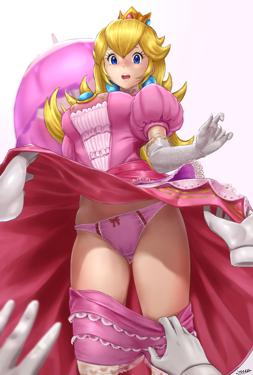 1girl blonde_hair bloomers bloomers_pull blue_eyes bow bow_panties clothes_lift crown disembodied_limb elbow_gloves gloves gradient gradient_background highres long_hair looking_at_viewer m.m_(mmitsu_93) mario_(series) open_mouth panties pink_background pink_panties pov princess_peach signature simple_background skirt skirt_lift solo tears umbrella underwear white_background white_gloves