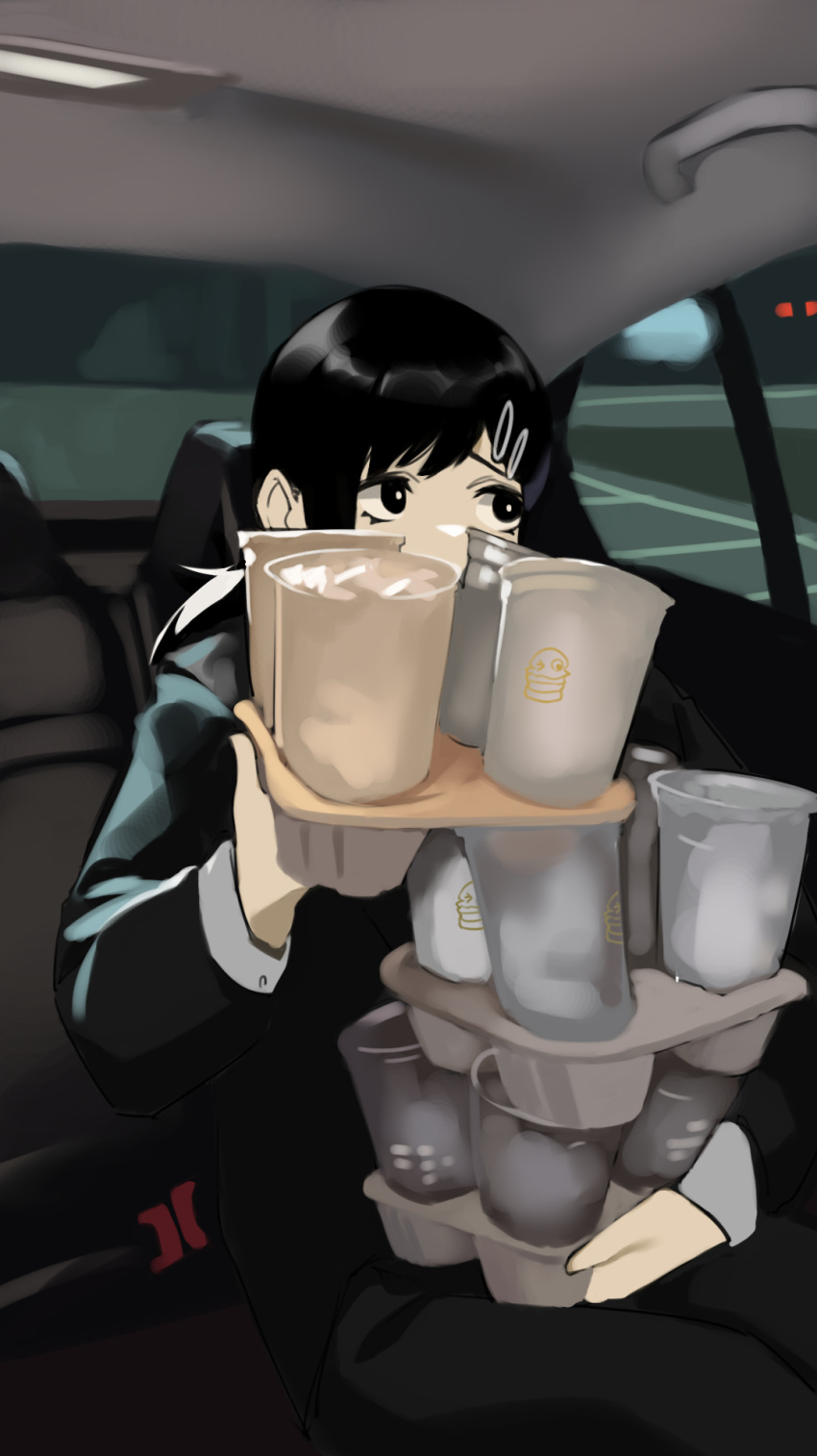 black_hair black_jacket black_pants burger car car_interior chainsaw_man drink family_burger_(chainsaw_man) food formal ground_vehicle hair_ornament hairclip higashiyama_kobeni highres holding holding_drink jacket looking_to_the_side meme motor_vehicle night pants pascaldinger single_sidelock sitting stack suit