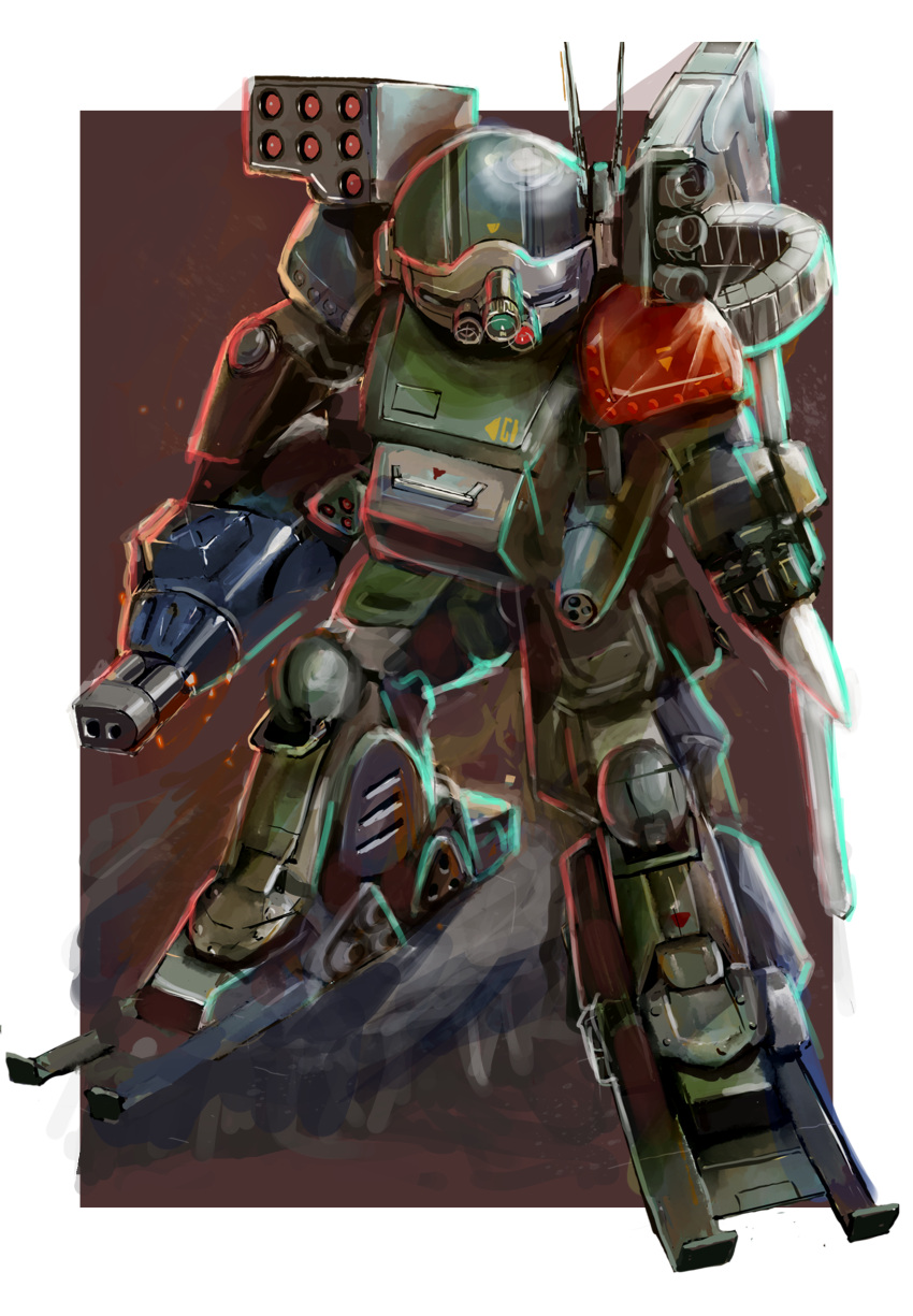 absurdres border burglary_dog clenched_hand gun highres holding holding_gun holding_weapon looking_down mecha missile_pod no_humans outside_border phlogiston_drow radio_antenna robot science_fiction smoke solo soukou_kihei_votoms soukou_kihei_votoms_the_heretic_saint weapon white_border