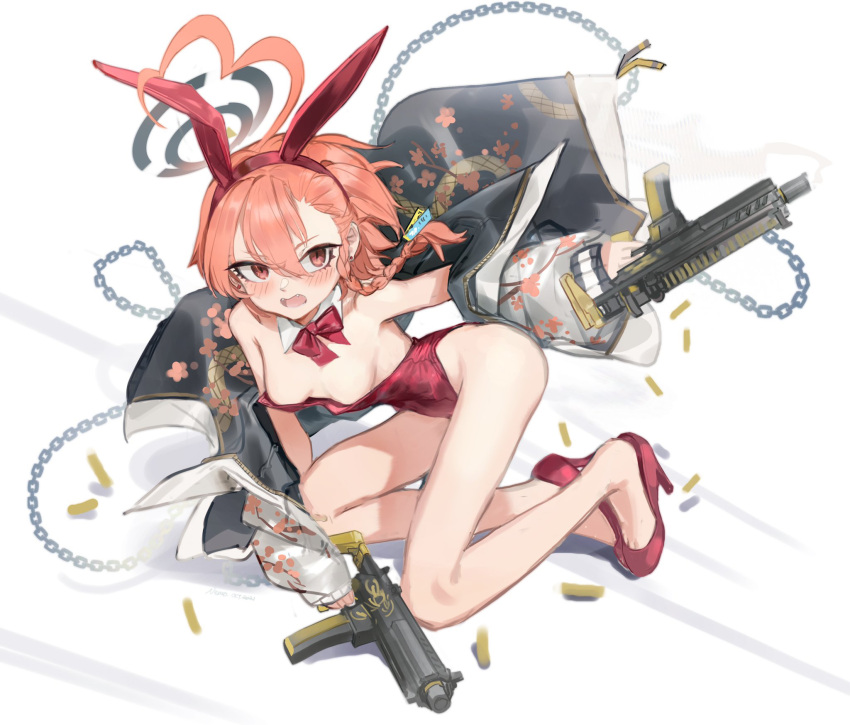1girl ahoge aiming animal_ears bangs bare_shoulders black_jacket blue_archive blush bow bowtie braid breasts chain cleavage collarbone detached_collar earrings fake_animal_ears fang floral_print full_body gun hair_between_eyes halo high_heels highres holding holding_gun holding_weapon huge_ahoge jacket jacket_pull jewelry leotard looking_away multicolored_clothes multicolored_jacket nemo_(leafnight) neru_(blue_archive) neru_(bunny)_(blue_archive) off_shoulder official_alternate_costume open_clothes open_jacket open_mouth orange_hair oversized_breast_cup playboy_bunny pose red_bow red_bowtie red_eyes red_footwear red_leotard shell_casing short_hair side_braid sig_sauer_mpx simple_background single_braid sitting sleeves_past_wrists small_breasts smile solo stud_earrings submachine_gun two-tone_jacket weapon white_background white_jacket