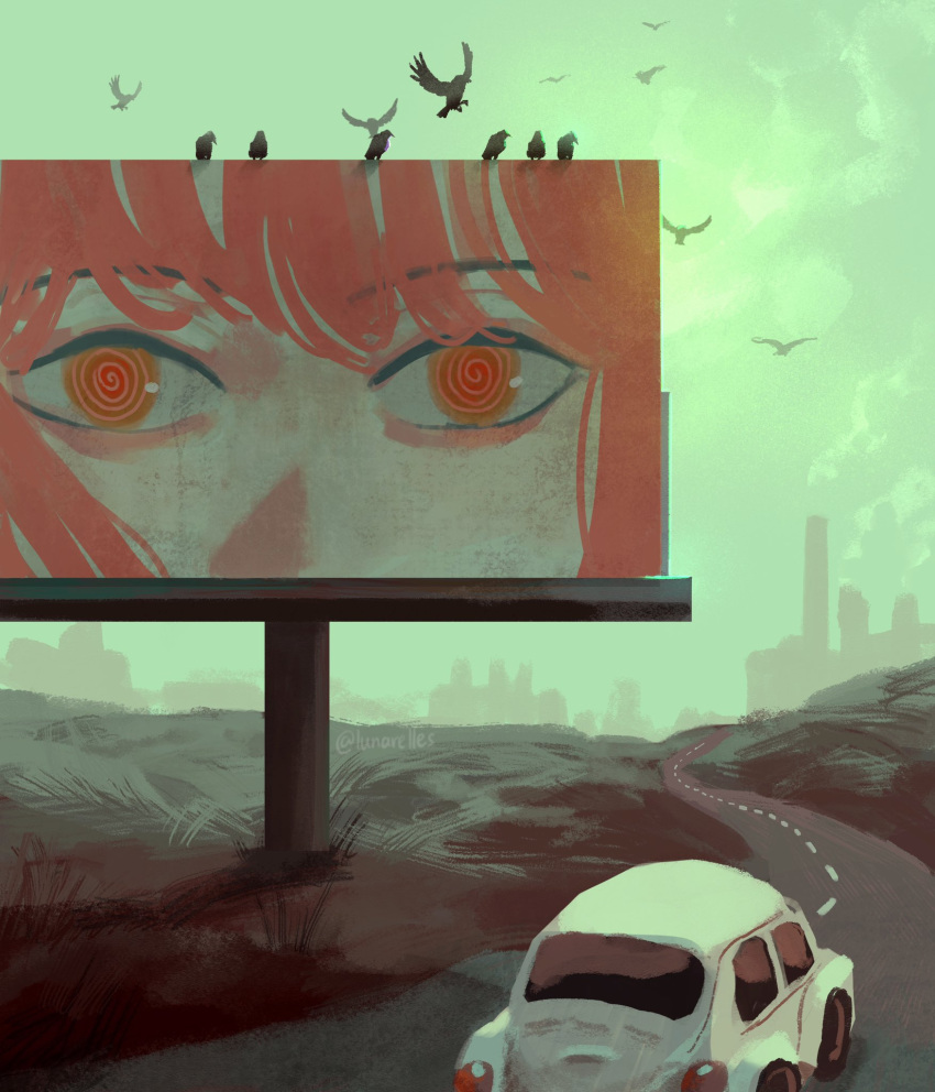 1girl bangs billboard bird car chainsaw_man close-up closed_eyes fog green_sky green_theme ground_vehicle highres lunarelles makima_(chainsaw_man) medium_hair motor_vehicle muted_color red_eyes red_hair ringed_eyes road sidelocks solo the_great_gatsby