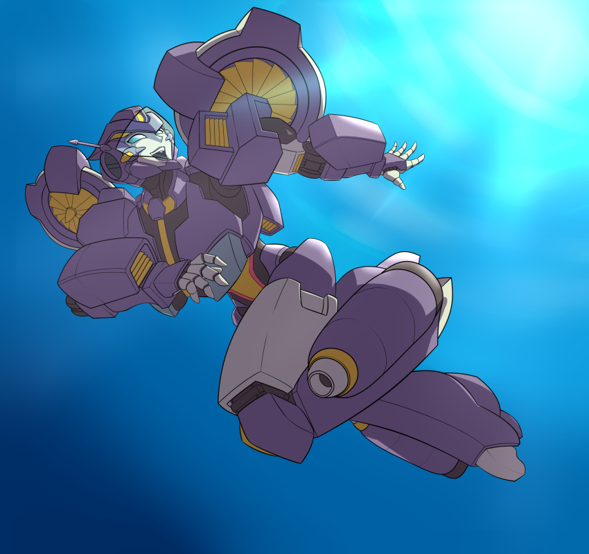 1girl absurdres autobot boca_tc highres looking_up mecha nautica_(transformers) open_hands open_mouth purple_lips radio_antenna robot science_fiction smile solo the_transformers_(idw) transformers underwater