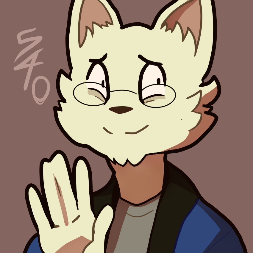 2022 5_fingers absurd_res anthro awkward awkward_smile brown_nose clothed clothing colored domestic_cat eyewear felid feline felis fingers fur glasses hi_res icon male mammal nyankyun540 shaded solo tan_body tan_fur white_body white_fur