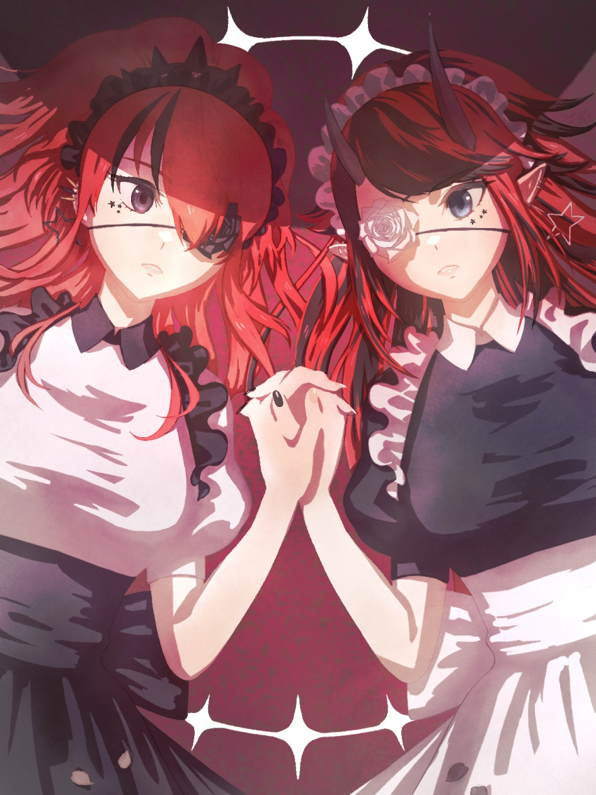 2girls 774_inc. alternate_costume bangs black_hair black_shirt black_skirt blue_eyes breasts closed_mouth collared_shirt commentary_request cowboy_shot demon_girl demon_horns earrings enmaided expressionless flower_eyepatch grey_eyes hair_between_eyes hair_over_one_eye highres holding_hands horns identity_(vocaloid) jewelry lain_paterson large_breasts long_hair looking_to_the_side maid maid_headdress multicolored_hair multiple_girls nijisanji pointy_ears ponytail puffy_short_sleeves puffy_sleeves red_hair ryugasaki_rene shirt short_sleeves skirt star_(symbol) star_earrings streaked_hair sugar_lyric tsumasaki virtual_youtuber white_shirt white_skirt