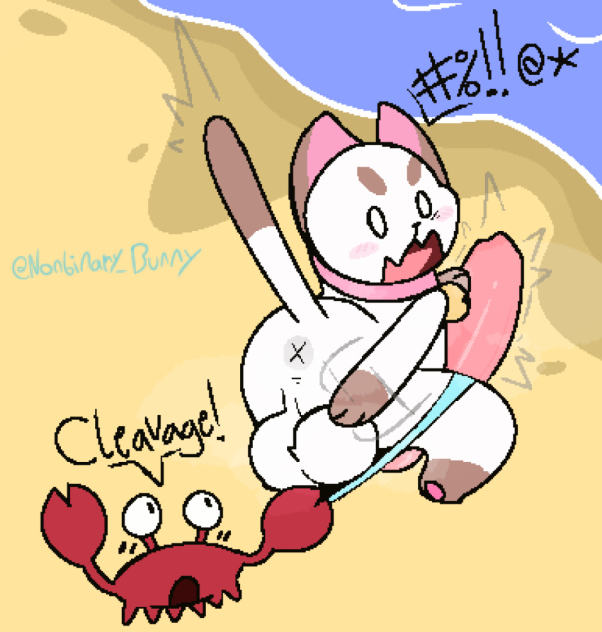 anthro anus arthropod beach bee_and_puppycat blush breasts cartoon_hangover cleavage clothed clothing crab crustacean decapoda dialogue domestic_cat duo felid feline felis feral hi_res malacostracan male mammal marine nonbinary_bunny puppycat seaside