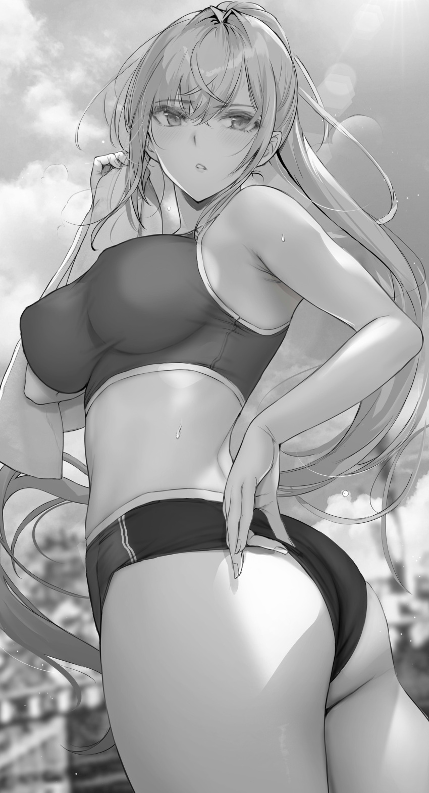 1girl absurdres ass bangs bare_arms bare_shoulders blush breasts commentary_request from_below gentsuki greyscale highres large_breasts long_hair looking_at_viewer monochrome original outdoors parted_lips ponytail solo