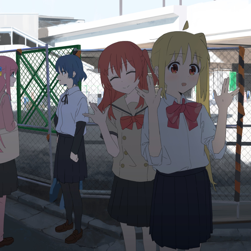 4girls :d ^_^ absurdres ahoge arm_at_side bag bangs black_pantyhose black_ribbon black_skirt black_sleeves blonde_hair blue_hair bocchi_the_rock! bow bowtie brown_footwear building chain-link_fence closed_eyes closed_mouth collared_shirt dark_blue_hair day detached_ahoge dot_nose eye_contact facing_viewer feet_out_of_frame fence from_behind from_side full_body gotou_hitori hand_on_hip hand_up high-waist_skirt high_collar highres holding_strap ijichi_nijika kita_ikuyo layered_sleeves loafers long_hair long_sleeves looking_at_another looking_at_viewer mole mole_under_eye multiple_girls neck_ribbon one_side_up outdoors pants pants_under_skirt pantyhose parted_lips pink_hair pink_pants pleated_skirt profile red_bow red_bowtie red_eyes red_hair ribbon sailor_collar sailor_shirt salute school_uniform serafuku shirt shirt_tucked_in shoes short_hair short_over_long_sleeves short_sleeves shoulder_bag side_ponytail sidewalk skirt sleeves_rolled_up smile split_mouth standing suwiz tareme very_long_hair vulcan_salute w_arms white_shirt wing_collar yamada_ryou