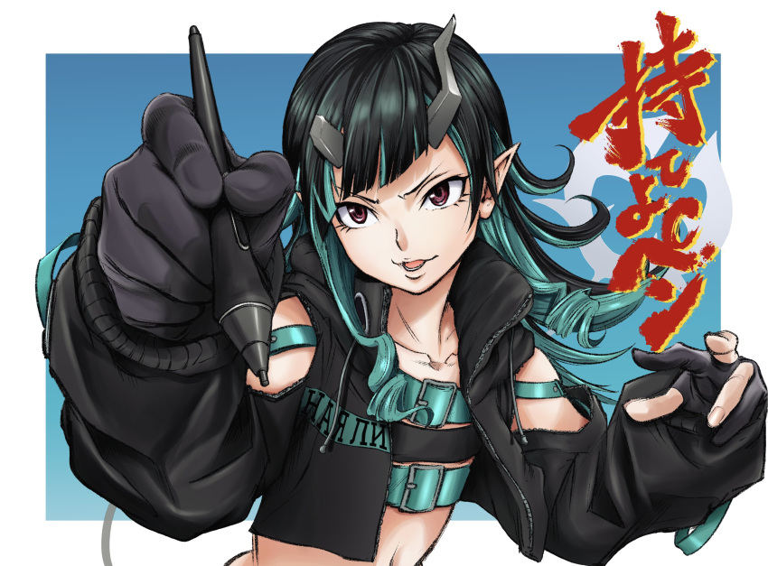 1girl 774_inc. absurdres asymmetrical_gloves bangs belt beltbra black_gloves black_hair black_jacket blue_background blue_belt blue_hair chest_belt clothing_cutout cropped_jacket demon_girl demon_horns demon_tail fang flat_chest gloves highres holding holding_pen horns jacket long_hair long_sleeves looking_at_viewer multicolored_hair navel open_clothes open_jacket open_mouth partially_fingerless_gloves pen pointy_ears red_eyes shishio_chris shoulder_cutout smile solo sugar_lyric tail tengu_nimuru two-tone_hair upper_body v-shaped_eyebrows virtual_youtuber white_background