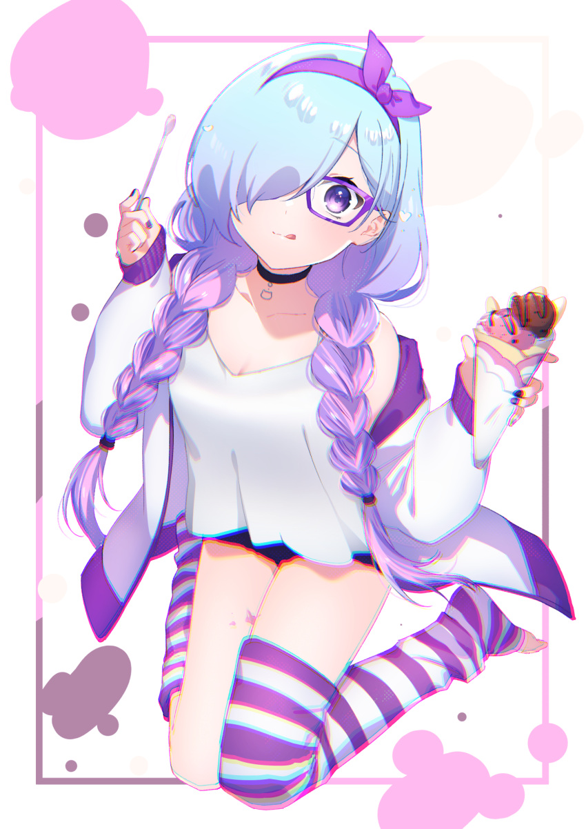 1girl :q bangs black_choker black_nails black_shorts blue_hair braid breasts choker chromatic_aberration cleavage closed_mouth commentary_request crepe food gradient_hair hair_over_one_eye hair_ribbon hairband highres holding holding_food holding_spoon indie_virtual_youtuber kitasaya_ai kitasaya_ai_(vtuber) kneehighs kneeling knees_together_feet_apart legs long_hair long_sleeves looking_at_viewer low_twintails medium_breasts multicolored_hair nail_polish no_shoes puffy_long_sleeves puffy_sleeves purple-framed_eyewear purple_eyes purple_hair purple_hairband purple_ribbon ribbon shirt short_shorts shorts single_kneehigh single_sock single_thighhigh sleeves_past_wrists smile socks solo spoon striped striped_socks striped_thighhighs thighhighs thighs toeless_legwear tongue tongue_out twin_braids twintails very_long_hair virtual_youtuber white_shirt