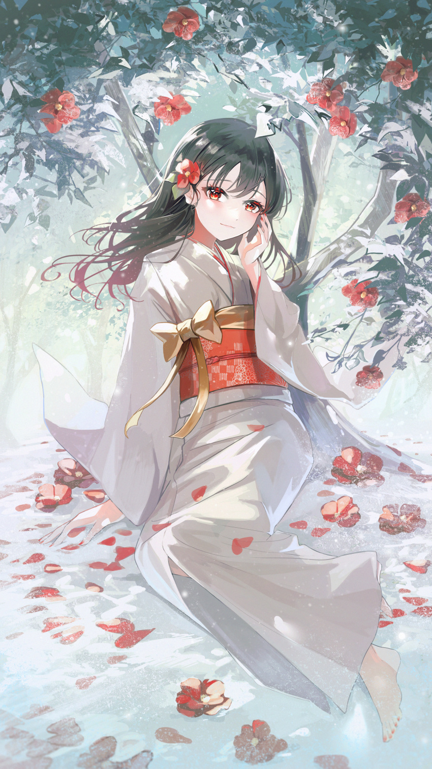 1girl absurdres bangs barefoot black_hair bow dappled_sunlight day floating_hair flower foliage gradient_hair hair_between_eyes hair_flower hair_ornament hand_on_own_face highres japanese_clothes kimono leaf light_blush long_hair looking_at_viewer multicolored_hair obi original plant red_eyes red_flower red_sash ribbon sash sitting smile solo sunlight toumin_(onemunemu99) tree white_kimono wide_sleeves yellow_bow yellow_ribbon