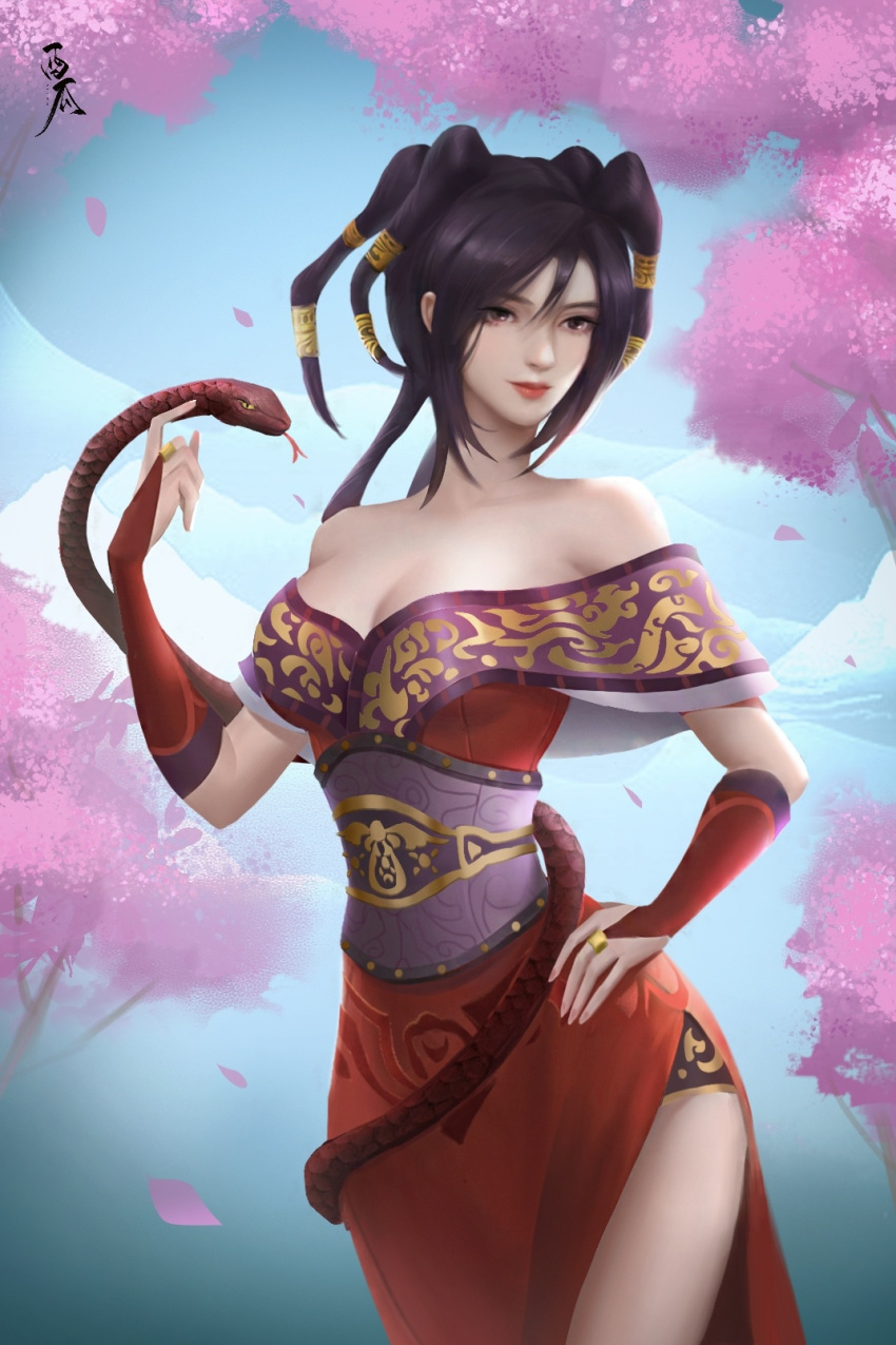 1girl bare_shoulders black_hair blue_background branch cherry_blossoms chi_lian_(qin_shi_ming_yue) closed_mouth cloud dress falling_petals gloves hair_ornament hand_on_hip highres looking_to_the_side medium_hair multi-tied_hair off-shoulder_dress off_shoulder partially_fingerless_gloves petals qin_shi_ming_yue red_dress sash skirt_cutout smile snake solo upper_body wode_xigua_weishenme_meiyou_gua_rang