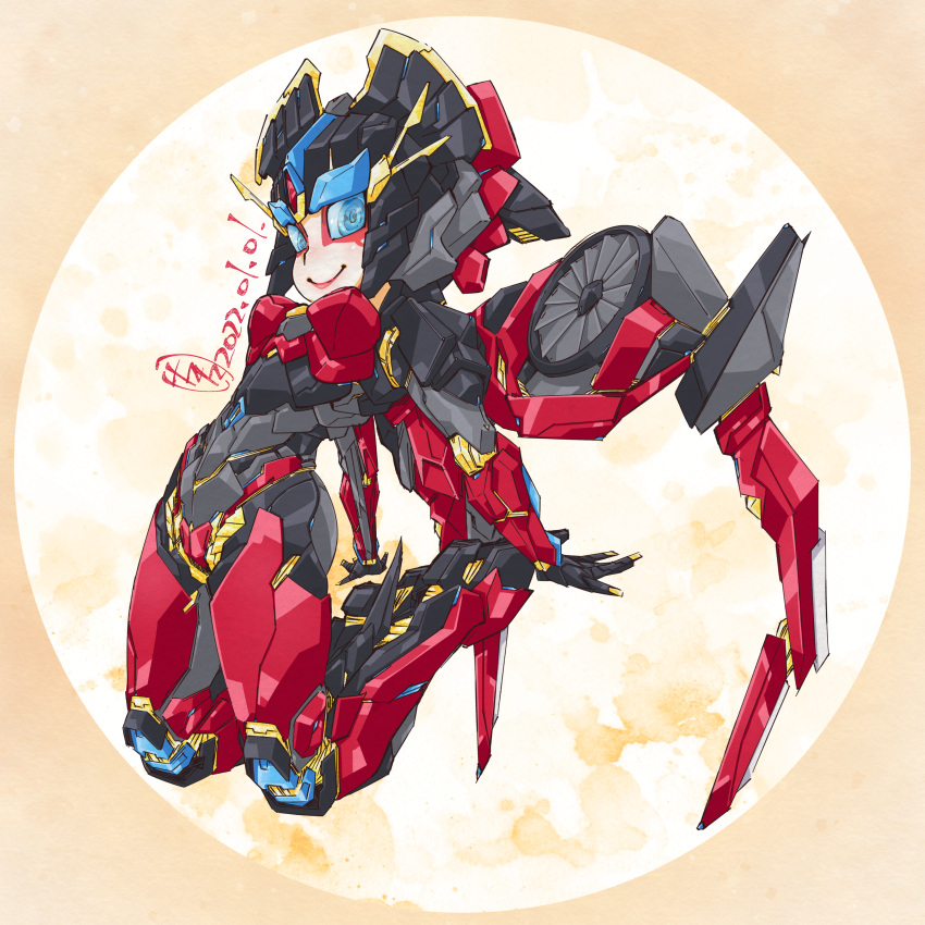 1girl absurdres autobot blue_eyes breasts dated deformed from_side highres looking_at_viewer mecha mechanical_wings medium_breasts open_hands robot science_fiction signature smile solo tatsuta_shin'ichi transformers windblade wings