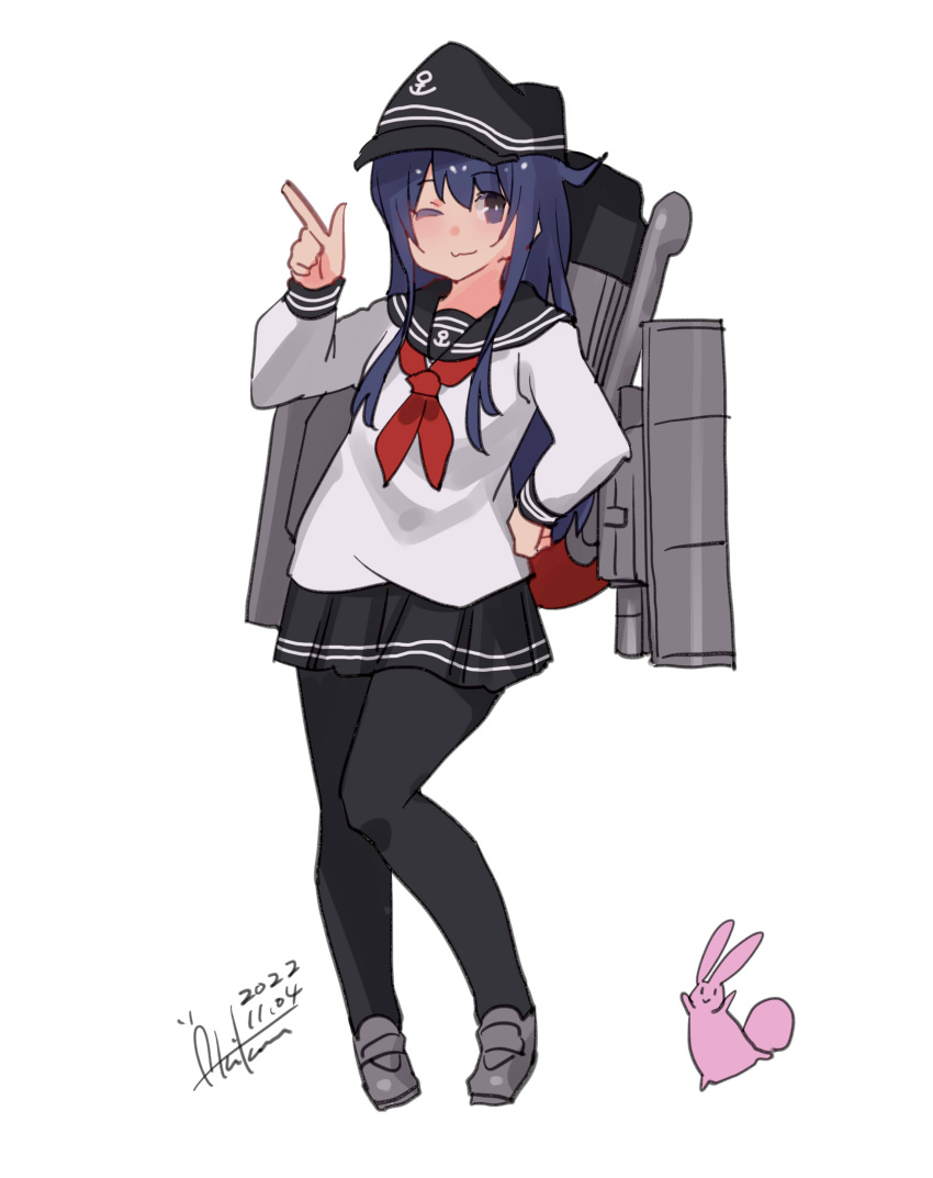 1girl ;) absurdres akatsuki_(kancolle) anchor_symbol animal bangs black_headwear black_pantyhose black_sailor_collar black_skirt blue_hair closed_mouth commentary_request dated flat_cap full_body grey_footwear hair_between_eyes hand_on_hip hand_up hat highres index_finger_raised inica kantai_collection loafers long_hair looking_at_viewer machinery neckerchief one_eye_closed pantyhose pleated_skirt purple_eyes rabbit red_neckerchief sailor_collar school_uniform serafuku shoes signature simple_background skirt smile solo very_long_hair white_background