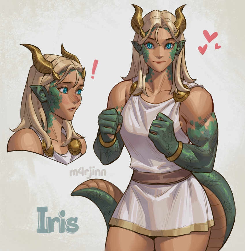 ! 1girl absurdres belt blonde_hair blue_eyes blush bracelet breasts character_name chiton clenched_hands collarbone colored_skin dark-skinned_female dark_skin dragon_girl dragon_horns dragon_tail expressions greek_clothes green_skin highres horns jewelry m4rjinn medium_breasts medium_hair multicolored_skin muscular muscular_female nose_blush original pointy_ears scales slit_pupils solo standing tail thick_thighs thighs