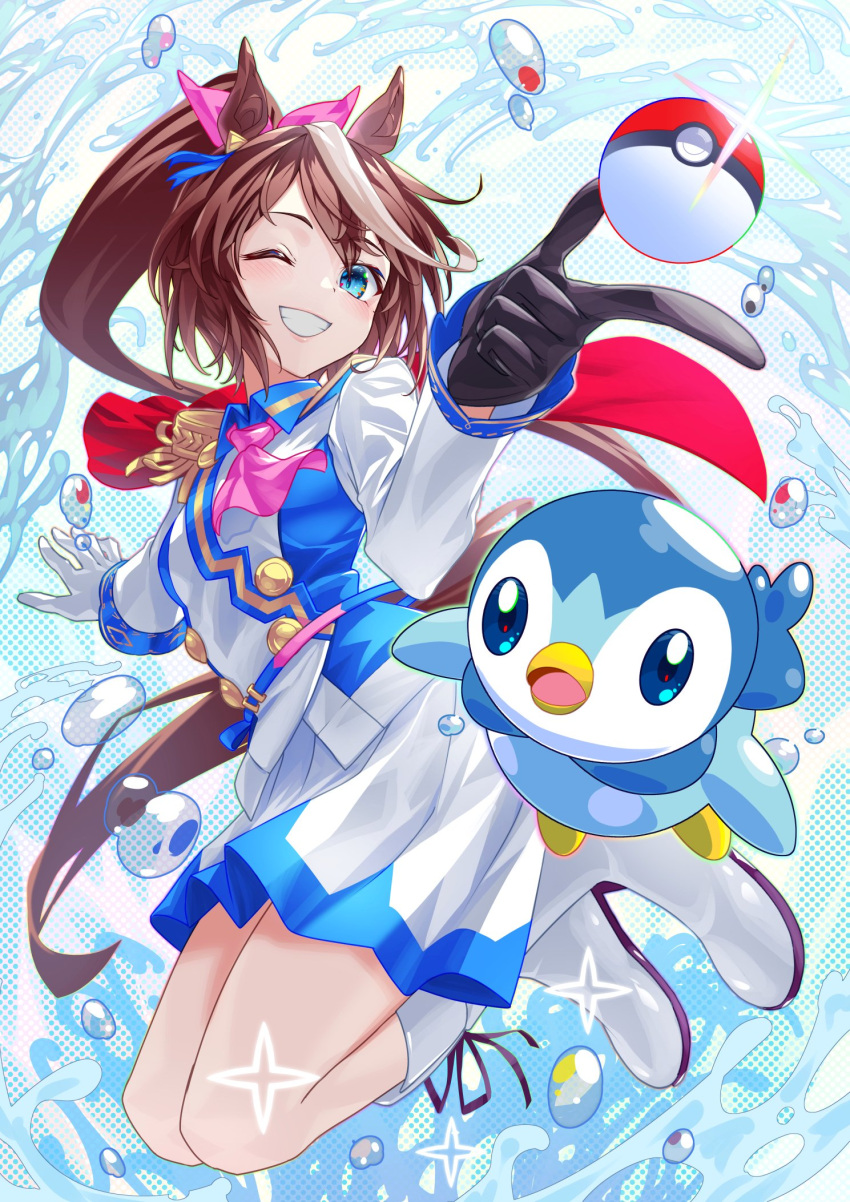 1girl animal_ears blue_eyes boots brown_hair commentary_request grin hair_ornament highres horse_ears horse_girl horse_tail long_hair looking_at_viewer nabe_puyo one_eye_closed piplup poke_ball pokemon pokemon_(creature) ponytail smile tail tokai_teio_(umamusume) umamusume water