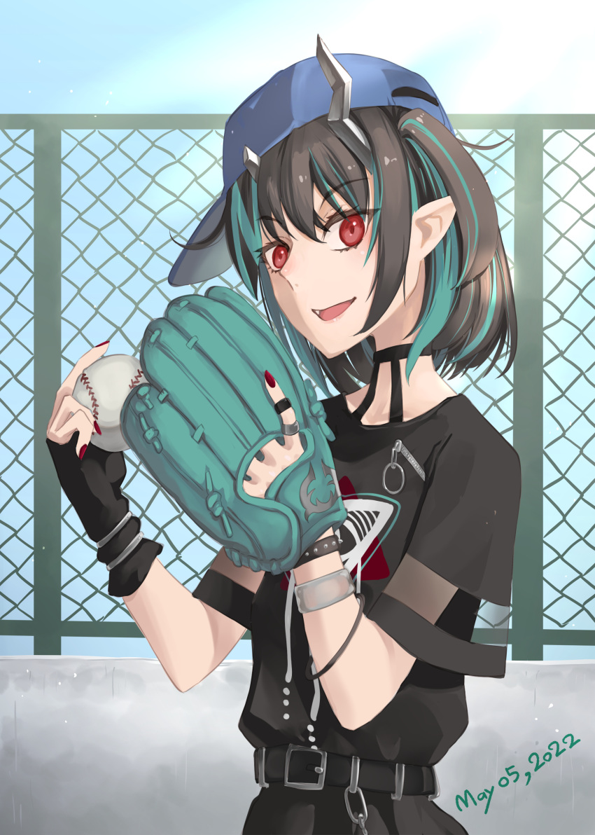 1girl 774_inc. absurdres bangs baseball baseball_cap baseball_mitt belt black_belt black_dress black_hair blue_hair blue_headwear blue_sky blush bracelet chain-link_fence cloud commentary_request dated day demon_girl demon_horns dress engacyo_(engacyo39800yen) eye_of_providence fang fence flat_chest hair_between_eyes hat highres horns jewelry looking_at_viewer multicolored_hair official_alternate_costume open_mouth outdoors pointy_ears red_eyes red_nails shishio_chris short_hair short_sleeves sideways_hat sky smile solo spiked_bracelet spikes sugar_lyric two-tone_hair upper_body virtual_youtuber