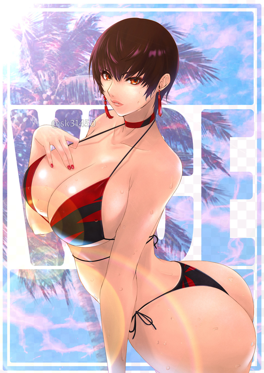 1girl artist_name ass bangs bare_shoulders bikini breasts brown_eyes brown_hair character_name choker cleavage collarbone commentary_request earrings fingernails hand_on_own_chest hand_up highleg highleg_bikini highres jewelry large_breasts lips looking_at_viewer nail_polish parted_lips shiny shiny_hair shiny_skin short_hair side-tie_bikini_bottom simple_background sk_(sk-g) swimsuit the_king_of_fighters the_king_of_fighters_xv thighs vice_(kof) water water_drop watermark wet