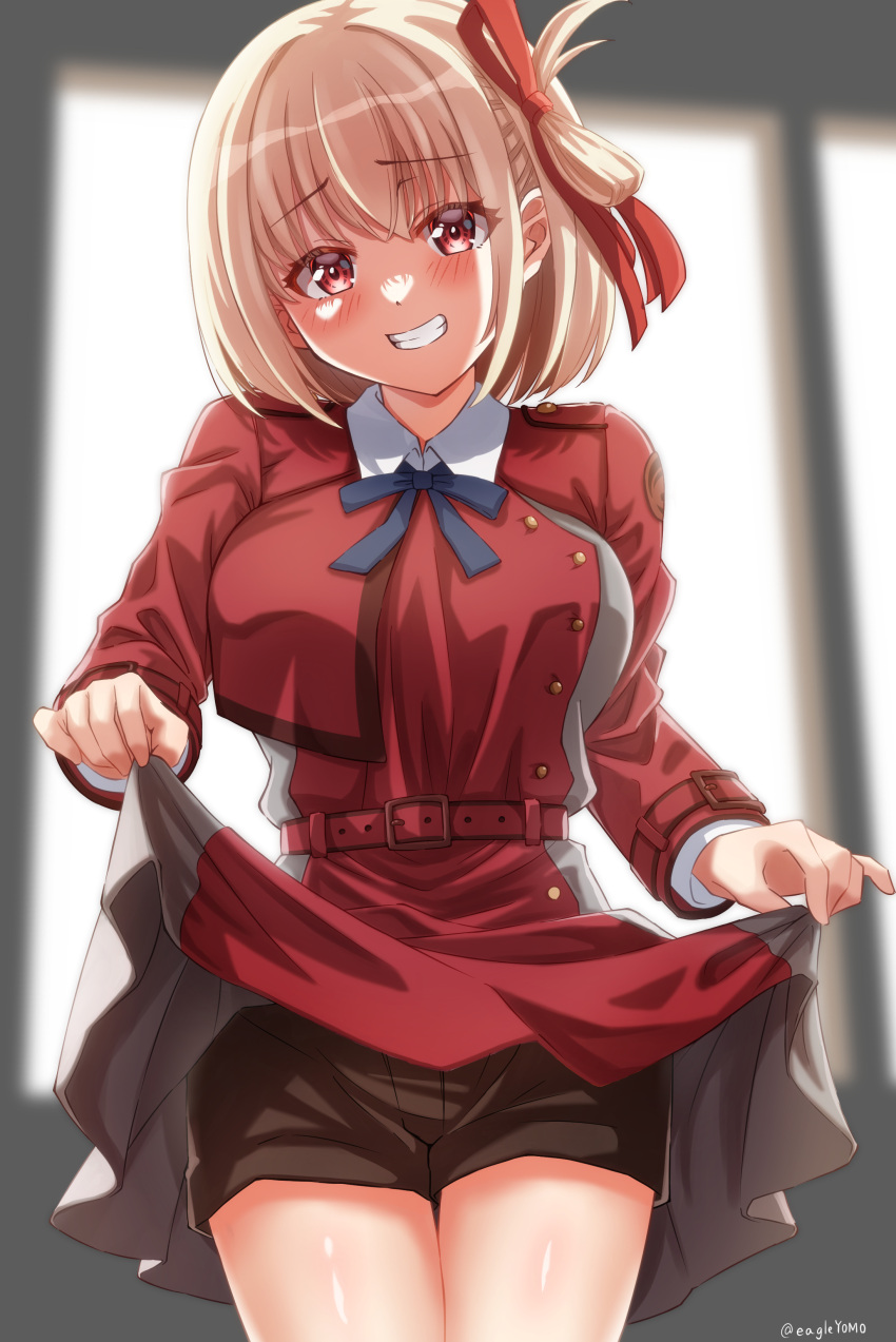 1girl absurdres blonde_hair breasts clothes_lift hair_ornament highres lifted_by_self lycoris_recoil lycoris_uniform nishikigi_chisato presenting red_eyes shorts shorts_under_skirt skirt skirt_lift smile solo thighs twitter_username two-tone_dress yomo