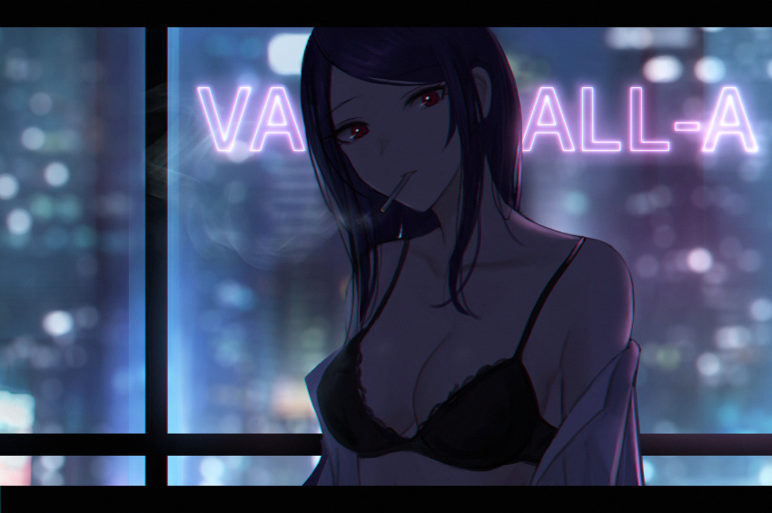 1girl bare_shoulders bra breasts chinese_commentary cigarette cleavage collarbone commentary_request girls'_frontline highres jill_stingray large_breasts looking_at_viewer medium_hair off_shoulder selcky smoking solo underwear upper_body va-11_hall-a