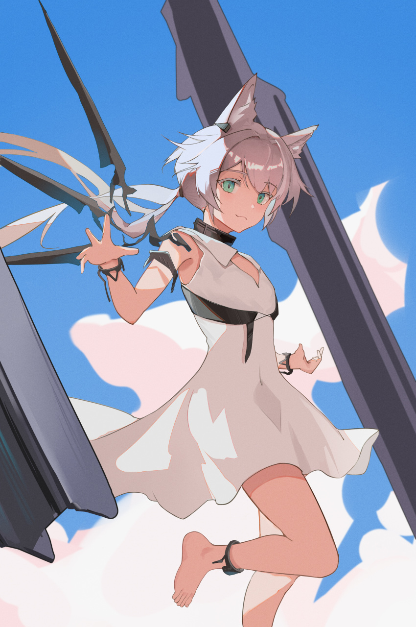 1girl absurdres animal_ear_fluff animal_ears arknights bangs barefoot blue_sky cat_ears closed_mouth cloud commentary_request day dress floating_hair green_eyes grey_hair highres long_hair looking_at_viewer low_ponytail outdoors ponytail rosmontis_(arknights) sky sleeveless sleeveless_dress smile solo standing standing_on_one_leg very_long_hair white_dress ykuu_yousei