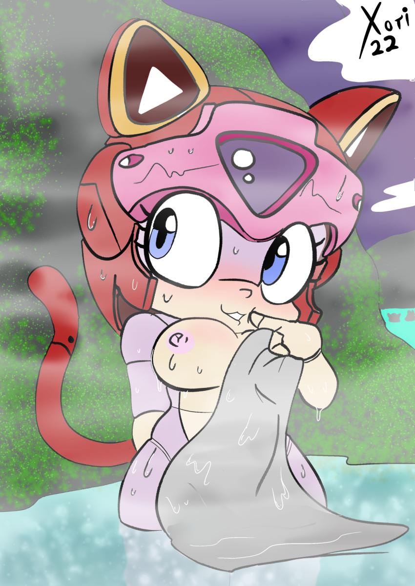 android anthro bath breasts coy domestic_cat felid feline felis female hi_res hot_spring kyatto_ninden_teyandee looking_at_viewer machine mammal onsen polly_esther public_bathing robot samurai_pizza_cats solo steam teasing towel water wet wide_hips xoti_(artist)