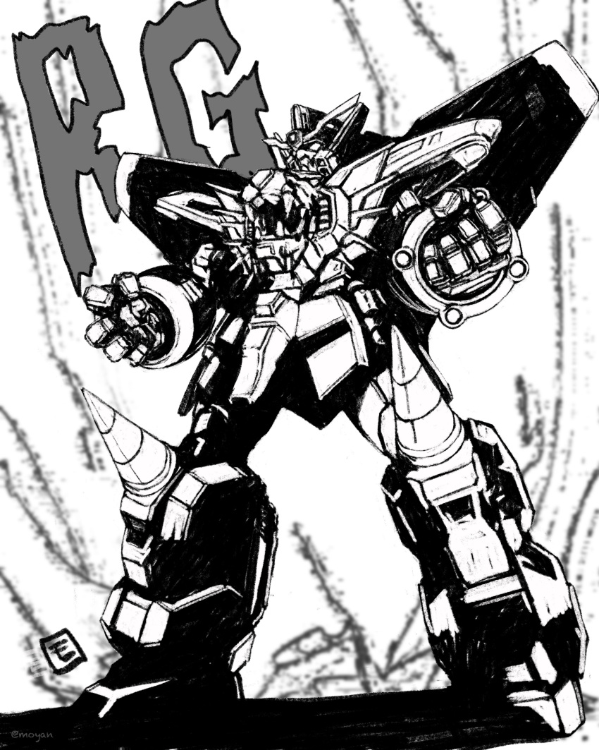 absurdres clenched_hands drill gaogaigar greyscale highres looking_up mecha monochrome moyan no_humans procreate_(medium) robot science_fiction solo super_robot v-fin yuusha_ou_gaogaigar yuusha_series