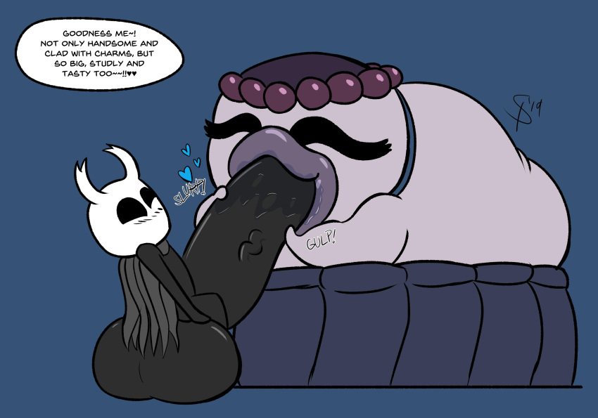 &lt;3 absurd_res anthro arthropod balls big_balls big_penis black_body blush cloak clothing dialogue english_text fellatio female gastropod genitals grey_cloak hi_res hollow_eyes hollow_knight horn huge_penis insect looking_pleasured male male/female mollusk oral penile penis protagonist_(hollow_knight) salubra sex slug squealydealy team_cherry text vein veiny_penis video_games