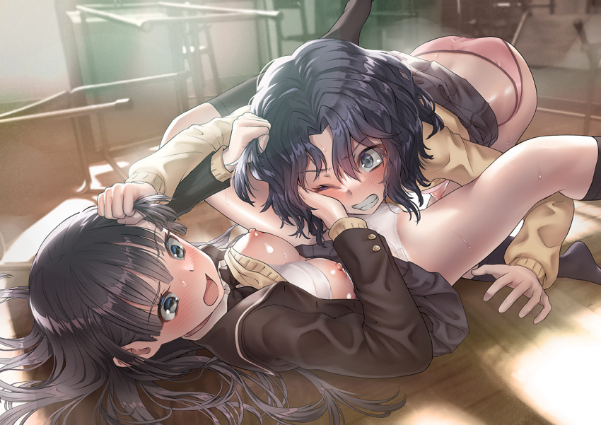 2girls amagami ayatsuji_tsukasa black_hair blue_eyes blush bra bra_lift cardigan catfight classroom clenched_teeth desk grabbing_another's_hair kibito_high_school_uniform long_hair minawa_(hemo) multiple_girls nipples one_eye_closed open_mouth paid_reward_available panties photo_background pink_panties school_uniform spread_legs sweater_vest_lift tanamachi_kaoru teeth underwear wardrobe_malfunction white_panties