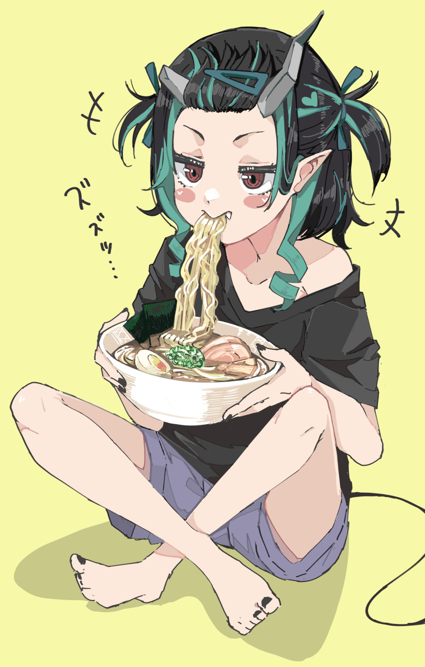 1girl 774_inc. absurdres ai_drawing_anime_characters_eating_ramen_(meme) alternate_costume alternate_hairstyle bangs bangs_pinned_back barefoot black_hair black_nails black_shirt blue_hair blush bowl commentary_request demon_girl demon_horns demon_tail egg fang flat_chest food full_body highres holding holding_bowl horns indian_style medium_hair meme messy_hair multicolored_hair nail_polish noodles nori_(seaweed) open_mouth panyatteria pointy_ears pork purple_shorts ramen red_eyes shirt shishio_chris shorts sidelocks single_bare_shoulder sitting solo sugar_lyric tail toenail_polish toenails two-tone_hair two_side_up virtual_youtuber yellow_background