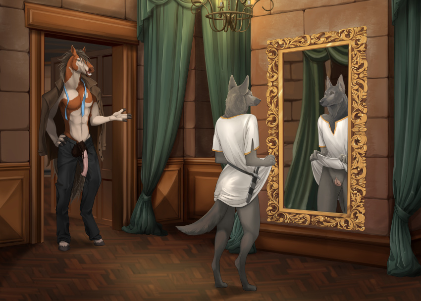 absurd_res andromorph anthro ascelyn broderick_longshanks canid canine canis clothing dagger domestic_dog duo equid equine german_shepherd herding_dog hi_res horse intersex intersex/male male mammal melee_weapon mirror mirror_reflection pastoral_dog reflection soulless_lumos weapon
