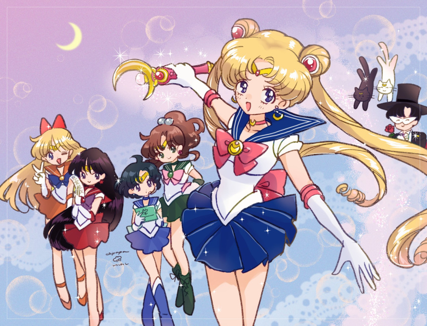 artemis_(sailor_moon) bishoujo_senshi_sailor_moon black_cat blue_bow blue_footwear bow brown_hair cat green_footwear highres hiyodoribbon moon multiple_girls one_eye_closed orange_skirt red_bow red_skirt sailor_jupiter sailor_mars sailor_mercury sailor_moon sailor_venus skirt tsukino_usagi tuxedo_kamen v white_cat