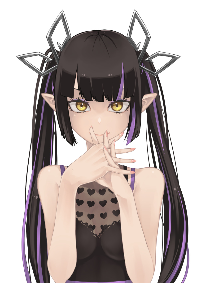 1girl 774_inc. absurdres bangs black_hair black_shirt blunt_bangs breasts closed_mouth commentary_request demon_girl demon_horns engacyo_(engacyo39800yen) heart heart_print highres horns kojo_anna long_hair looking_at_viewer medium_breasts multicolored_hair own_hands_together pink_nails pointy_ears print_shirt purple_hair see-through see-through_shirt shirt simple_background sleeveless sleeveless_shirt smile solo straight-on sugar_lyric twintails two-tone_hair upper_body virtual_youtuber white_background yellow_eyes