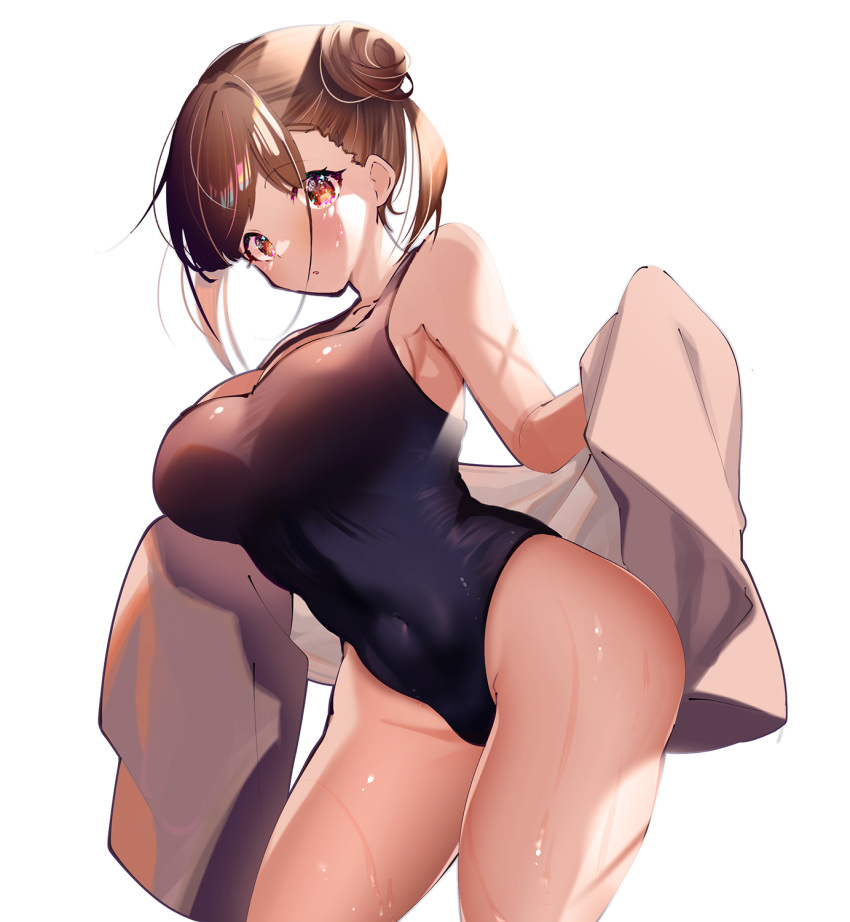 1girl :o blush breasts brown_hair covered_navel double_bun groin hair_bun highres holding holding_towel idolmaster idolmaster_shiny_colors large_breasts looking_at_viewer nihakusanren one-piece_swimsuit school_swimsuit simple_background solo sonoda_chiyoko swimsuit towel twintails water_drop white_background white_towel