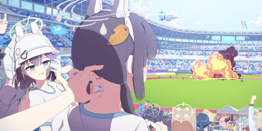 6+girls :d aircraft animal_ears bangs black_hair blue_archive blue_eyes blue_sky blurry braid buruma cat_ears cat_tail cellphone cloud cloudy_sky commentary_request demon_girl demon_horns depth_of_field dirigible explosion fake_animal_ears fake_tail fox_ears fox_girl fox_tail from_behind grey_hair gym_shirt halo helmet highres holding holding_phone horns ice ice_cube izuna_(blue_archive) leaf leaf_on_head long_hair looking_at_another medium_hair midori_(blue_archive) miyako_(blue_archive) miyu_(blue_archive) mnnnya moe_(blue_archive) momoi_(blue_archive) multiple_girls nape official_alternate_costume out_of_frame pebble phone pov prank rabbit_ears running running_track saki_(blue_archive) shirt short_hair short_sleeves sidelocks simple_background single_braid sky smartphone smile stadium sweat sweatdrop tail