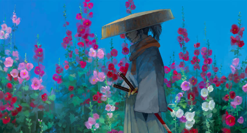 1boy black_hair covered_eyes cowboy_shot fate/grand_order fate_(series) field flower flower_field from_side hat hat_over_eyes highres hollyhock japanese_clothes katana male_focus nomeringo okada_izou_(fate) ponytail profile red_scarf sandogasa scarf sheath sheathed signature sleeves_past_fingers sleeves_past_wrists solo straw_hat sword weapon
