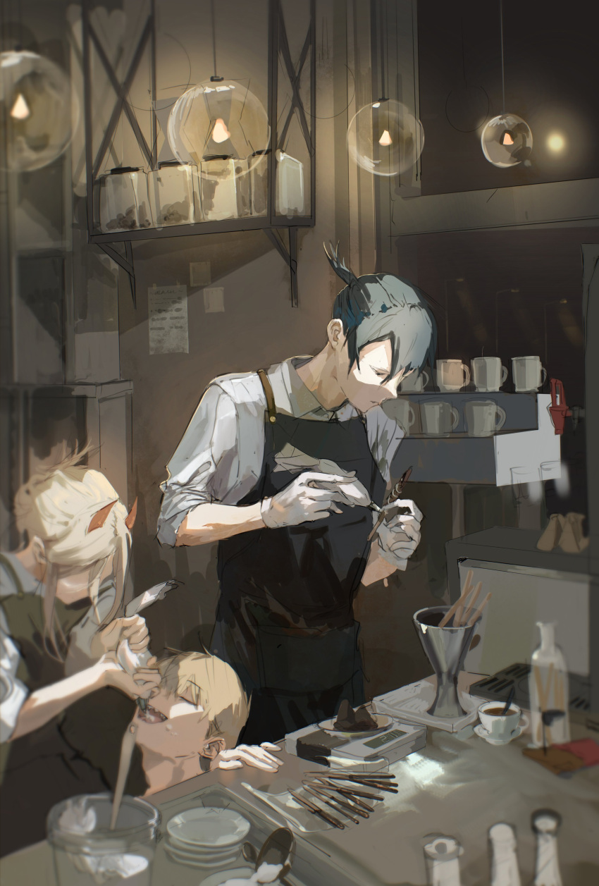 1girl 2boys absurdres apron black_hair blonde_hair chainsaw_man chocolate closed_eyes collared_shirt cup denji_(chainsaw_man) folded_ponytail food gloves hayakawa_aki highres holding holding_food holding_pocky horns icing jar light_bulb multiple_boys nenem_(kimnenemmm_art) open_mouth pastry_bag pocky pouring power_(chainsaw_man) red_horns sharp_teeth shirt short_hair sidelocks sleeves_rolled_up teeth topknot white_shirt