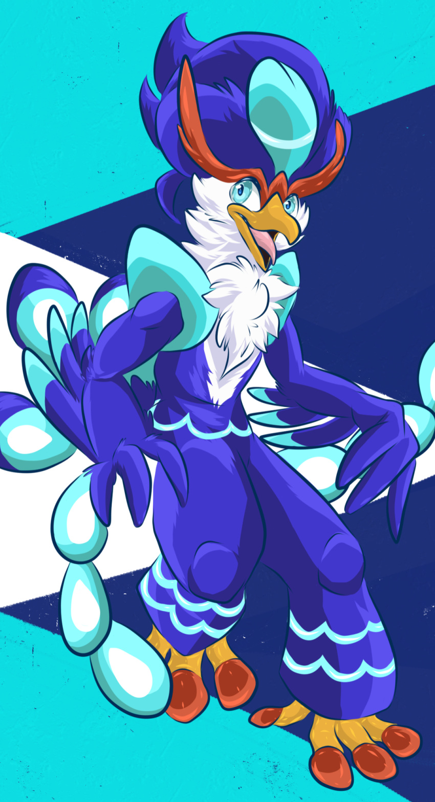 ambiguous_gender animal_humanoid anthro avian avian_humanoid bird blue_body blue_eyes blue_feathers claws feathers feet generation_9_pokemon happy hi_res humanoid kitchidrachenblut leaked_pokemon neck_tuft nintendo nintendo_switch open_mouth pokemon pokemon_(species) quaquaval quaxly simple_background smile solo tongue tongue_out tuft video_games white_body white_feathers winged_arms wings