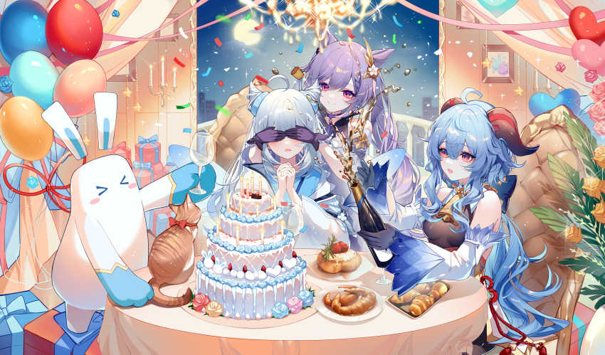 1other 3girls absurdres ahoge balloon bare_shoulders blue_hair bodystocking bottle box breasts brown_cat cake candle chair champagne_bottle character_request commentary_request cone_hair_bun confetti covering_another's_eyes croissant detached_sleeves food ganyu_(genshin_impact) genshin_impact gift gift_box hair_bun highres holding holding_bottle horns indoors interlocked_fingers keqing_(genshin_impact) long_hair medium_breasts multiple_girls open_mouth own_hands_together pink_eyes purple_hair sheya sitting smile table twintails very_long_hair white_hair