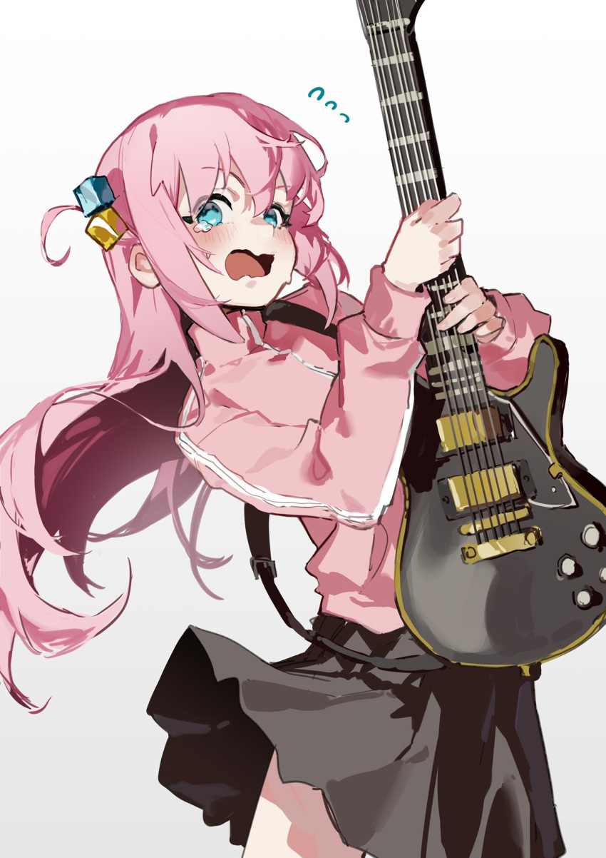 1girl black_skirt blue_eyes blush bocchi_the_rock! electric_guitar flying_sweatdrops gibson_les_paul gotou_hitori guitar hair_cubes hair_ornament highres holding holding_instrument instrument jacket jiuyesang long_hair looking_at_viewer one_side_up open_mouth pink_hair pink_jacket pleated_skirt simple_background skirt solo tears track_jacket white_background years