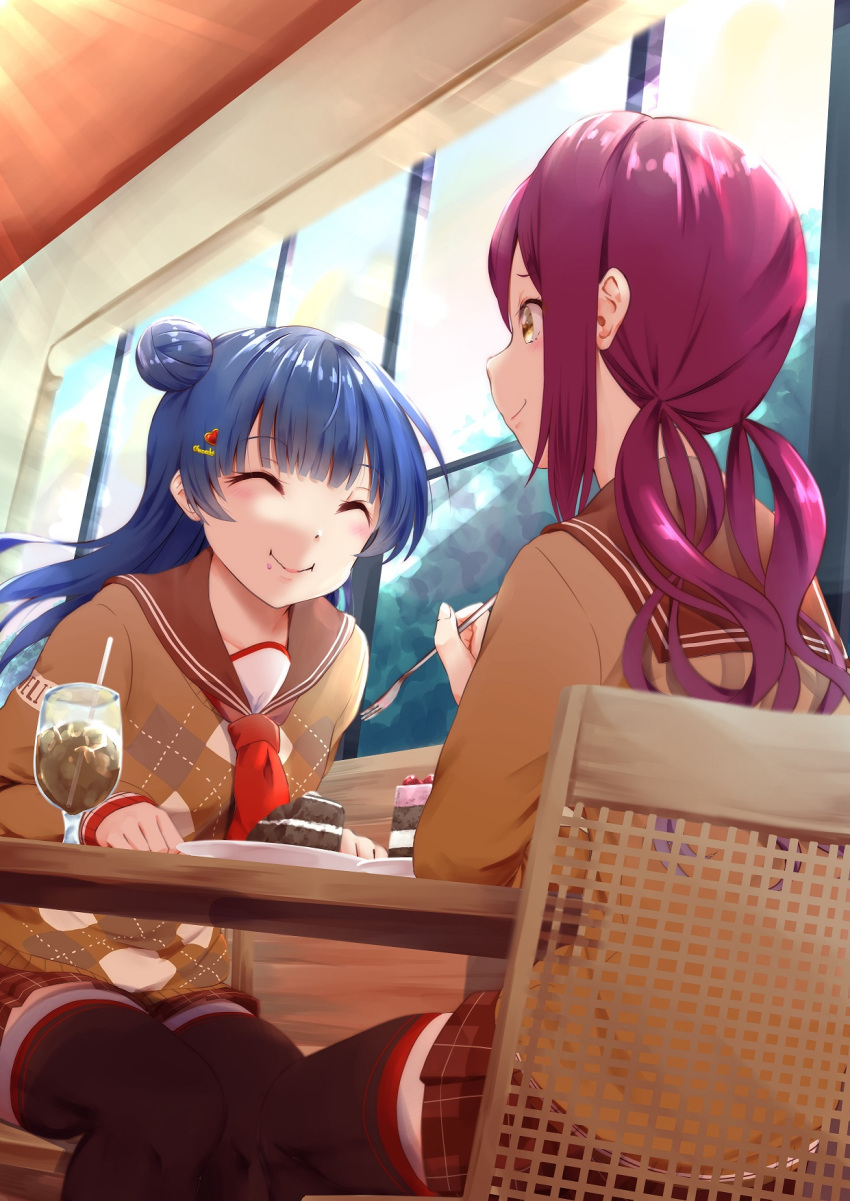 2girls alternate_hairstyle bangs black_thighhighs blue_hair brown_sailor_collar brown_sweater cake closed_eyes closed_mouth commentary_request crumbs cup day drinking_straw food food_on_face fork hair_bun hair_ornament hairpin hayaoki_(asagi-iro_seishun-bu) heart heart_hair_ornament highres holding holding_fork leaning_forward long_hair long_sleeves looking_at_another love_live! love_live!_sunshine!! low_twintails multiple_girls neckerchief on_chair profile red_hair red_neckerchief restaurant sailor_collar sakurauchi_riko school_uniform shared_food sitting sky smile sweater table thighhighs tsushima_yoshiko twintails window winter_uniform yellow_eyes zettai_ryouiki