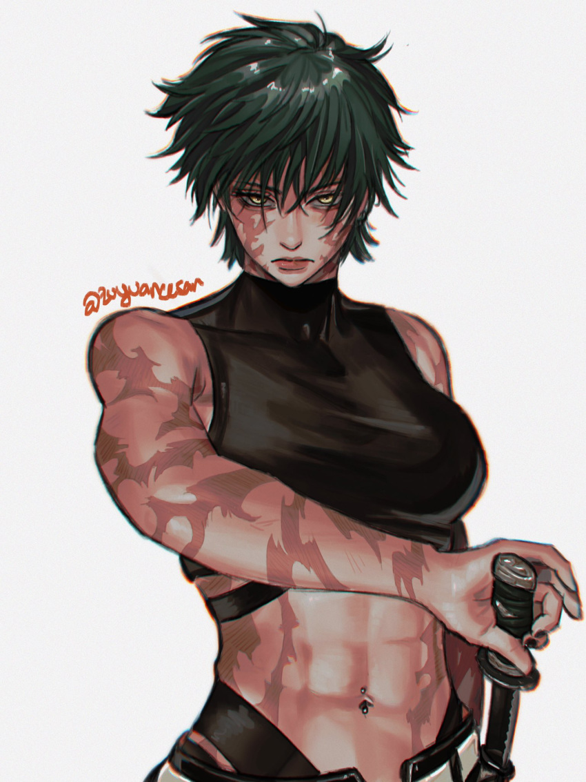 1girl abs breasts burn_scar crop_top green_hair highres holding holding_sword holding_weapon jujutsu_kaisen katana looking_at_viewer medium_breasts midriff muscular muscular_female navel navel_piercing piercing scar scar_on_arm scar_on_stomach short_hair simple_background solo spiked_hair sword weapon white_background yellow_eyes zen'in_maki zu_yuan_cesar