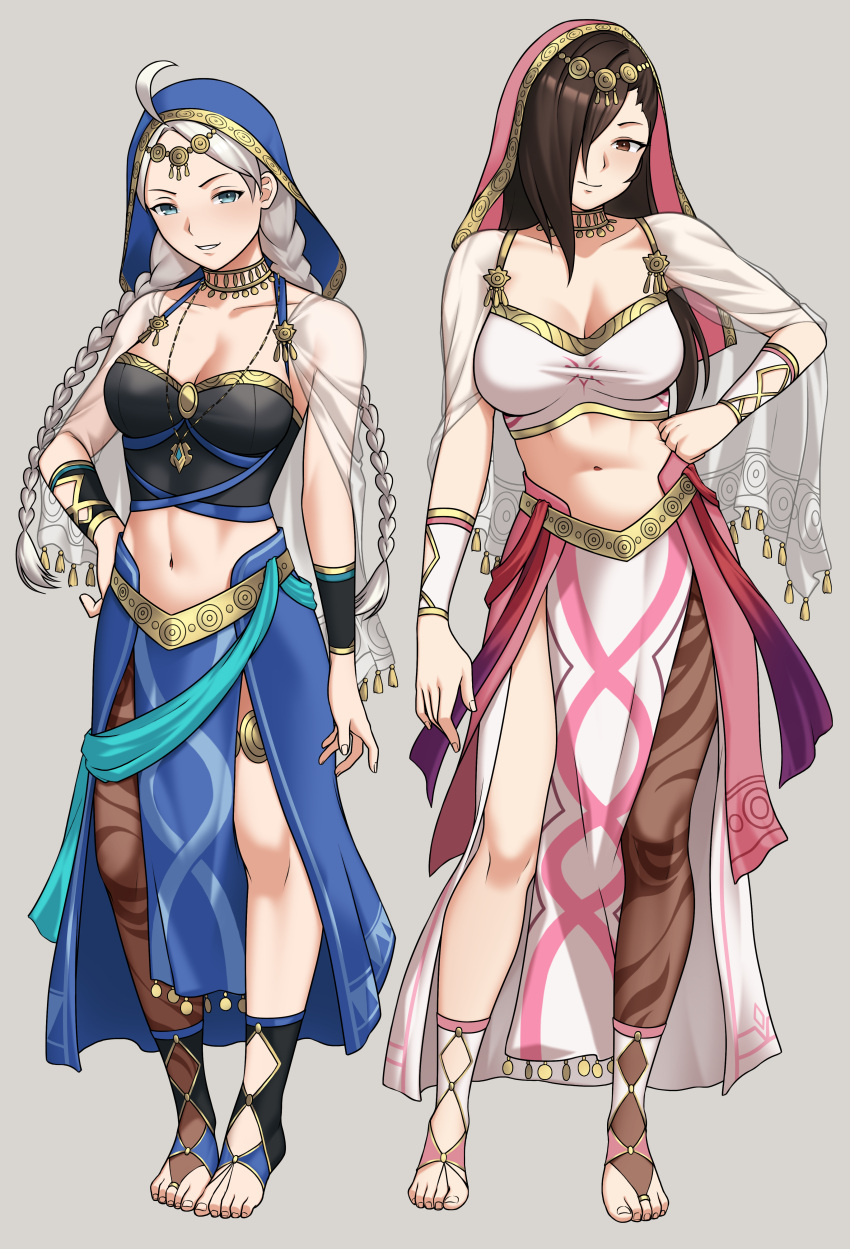 2girls absurdres ahoge azura_(fire_emblem) azura_(fire_emblem)_(cosplay) bangs bbk_(13zk) blue_eyes braid breasts brown_eyes brown_hair commission commissioner_upload cosplay crop_top dancer fire_emblem fire_emblem_fates fire_emblem_heroes full_body gold_choker hair_over_one_eye hand_on_hip highres kagero_(fire_emblem) large_breasts leanne_(fire_emblem) leanne_(fire_emblem)_(cosplay) long_hair looking_at_viewer low_twin_braids multiple_girls navel nina_(fire_emblem) non-web_source official_alternate_costume parted_bangs single_leg_pantyhose smile thigh_strap toeless_footwear toeless_legwear toes twin_braids veil white_hair