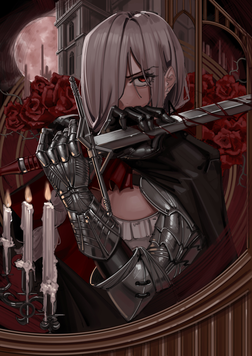 1girl absurdres armor blood blood_on_weapon candle candlestand commentary covered_mouth earrings english_commentary eyes_visible_through_hair fire flower gauntlets harris_hero highres holding holding_sword holding_weapon jewelry knight long_hair looking_at_viewer moon original outdoors red_eyes red_flower red_rose rose single_earring solo sword thorns weapon white_hair