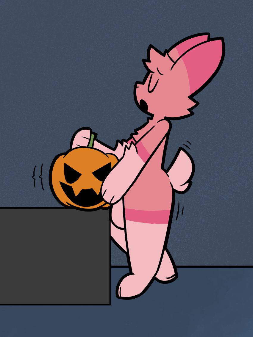 3:4 absurd_res anthro balls cherry_(knotthatbun) eyes_closed food food_fetish food_play fruit fur genitals grape_ad hi_res jack-o'-lantern lagomorph leporid looking_pleasured male mammal open_mouth pink_body pink_fur plant pumpkin_sex rabbit solo