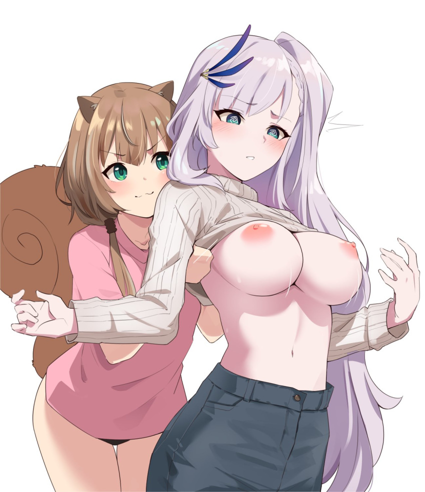 2girls @_@ animal_ears assisted_exposure ayunda_risu black_panties blue_eyes blue_pants blush breasts brown_hair clothes_lift embarrassed english_commentary feather_hair_ornament feathers green_eyes hair_ornament highres hololive hololive_indonesia large_breasts lifted_by_another long_hair long_sleeves low_twintails multiple_girls navel nipples no_bra no_pants nonstop_nut_november panties pants parted_lips pavolia_reine pink_shirt shirt short_sleeves side_ponytail simple_background sitting smile squirrel_ears squirrel_girl squirrel_tail sweater sweater_lift t-shirt tail twintails underwear very_long_hair virtual_youtuber white_background white_hair white_sweater yuyu5x