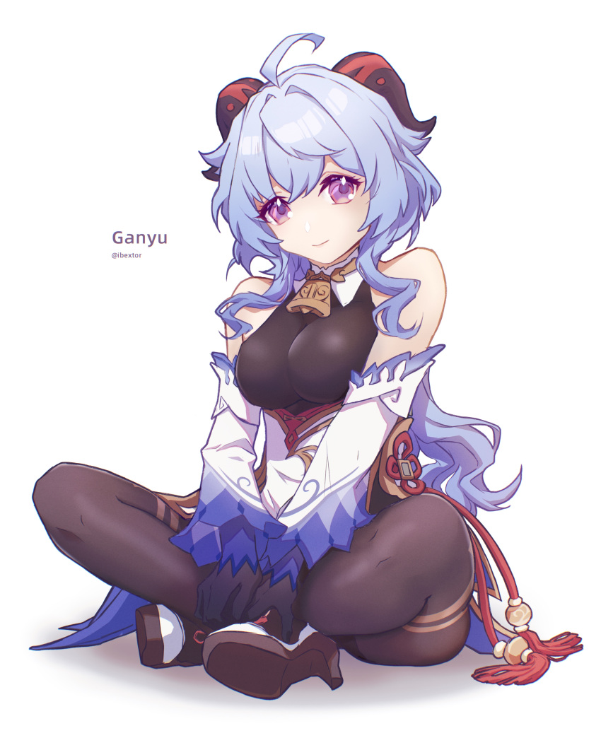 1girl absurdres ahoge artist_name bangs bare_shoulders bell black_pantyhose blue_hair breasts character_name chinese_knot detached_sleeves flower_knot full_body ganyu_(genshin_impact) genshin_impact gold_trim high_heels highres horns ibextor light_smile long_hair looking_at_viewer lotus_position medium_breasts neck_bell pantyhose purple_eyes sidelocks sitting solo tassel thighlet vision_(genshin_impact) white_background white_sleeves