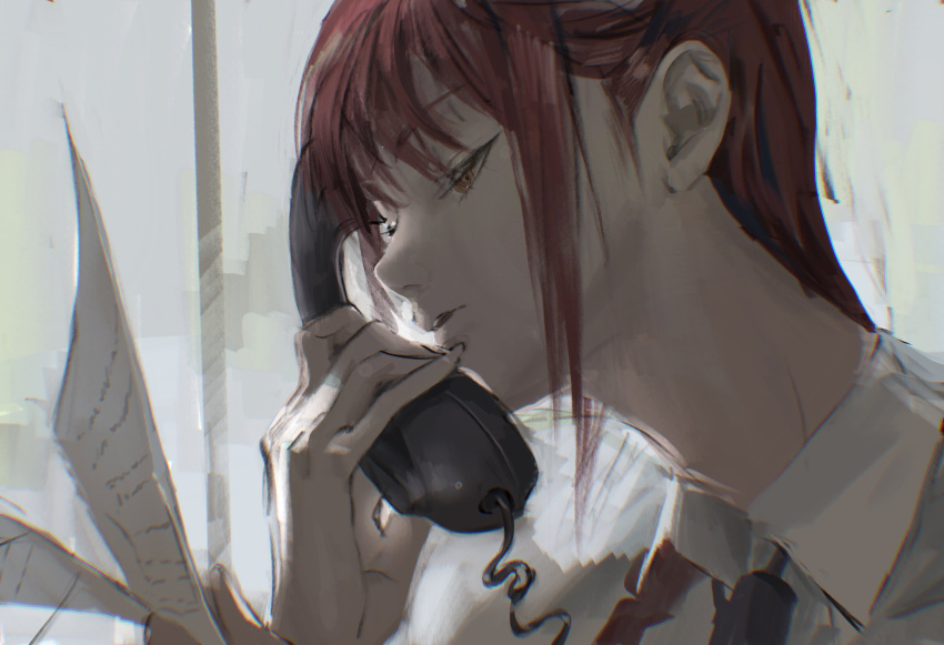 1girl absurdres chainsaw_man collared_shirt half-closed_eyes highres holding holding_paper holding_phone looking_at_object makima_(chainsaw_man) medium_hair nenem_(kimnenemmm_art) open_mouth paper phone red_hair ringed_eyes rotary_phone shirt sidelocks solo talking_on_phone white_shirt yellow_eyes