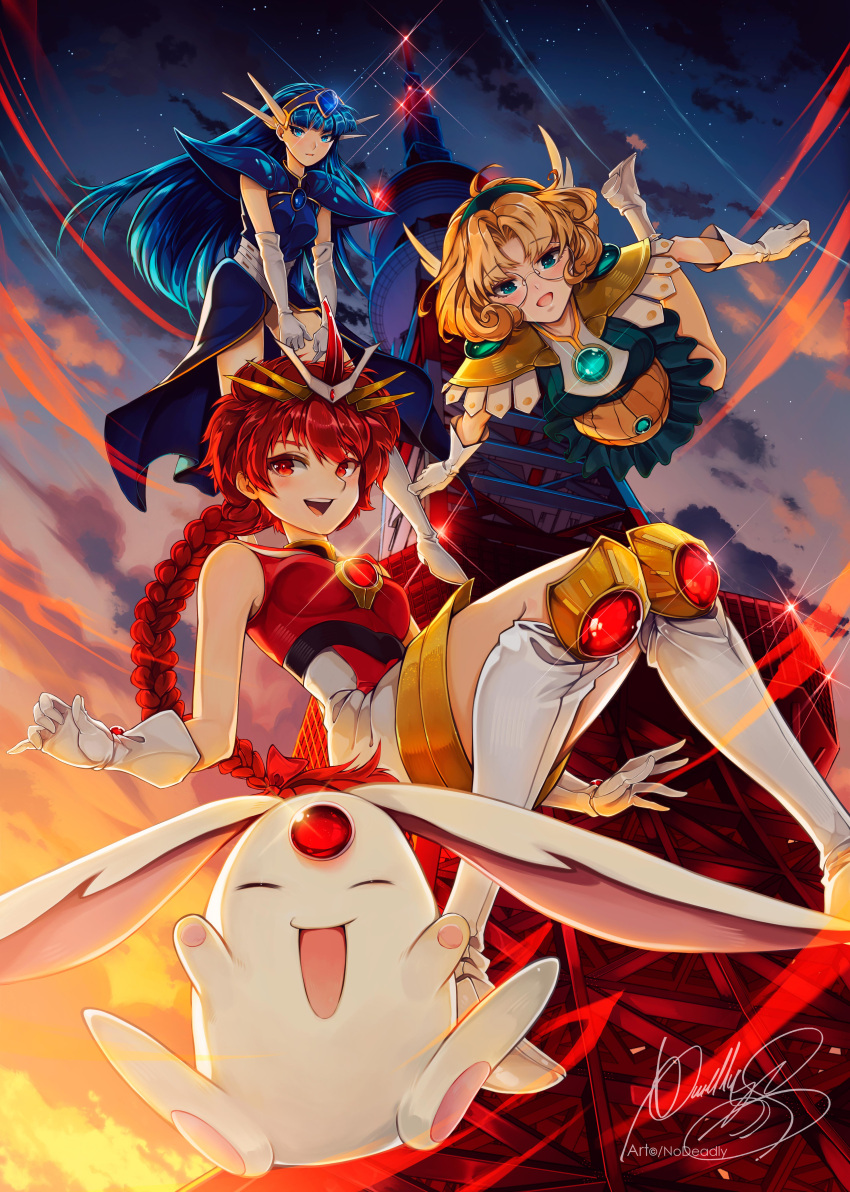 3girls absurdres armor blonde_hair blue_eyes blue_hair clamp_(circle)_(style) cloud falling fantasy floating flying freediving gem glasses green_eyes headgear highres hououji_fuu lights looking_at_viewer magic magic_knight_rayearth mokona multiple_girls open_mouth radio_antenna red_eyes red_hair ryuuzaki_umi shidou_hikaru shiny signature skirt smile tokyo_tower tower x_deadly